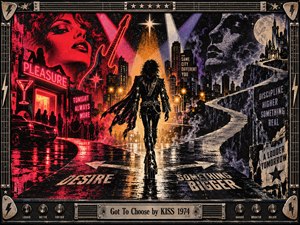 A lone glam-rock figure strides through a rain-soaked city crossroads, torn between neon-red temptation and a mysterious purple skyline. Dramatic spotlights illuminate swirling smoke, vintage cars, and towering buildings. Bold halftone textures evoke 1970s screen printing, while a metallic guitar-inspired frame reinforces the rebellious atmosphere of choice and desire.