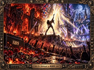 A triumphant guitarist rises above a roaring crowd amid burning Gothic ruins and radiant stained glass. Fiery reds contrast with celestial blues and golden light as spotlights pierce swirling smoke. This dramatic digital painting blends chaos and exaltation, framed by ornate metallic guitar details and an engraved title plate.