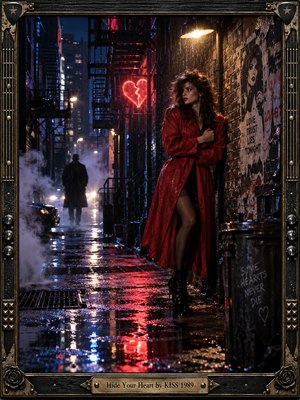 A guarded woman in a rain-soaked red coat stands against a weathered brick wall as a shadowy figure approaches through steam. Broken heart-shaped neon illuminates reflective pavement in crimson and blue. Cinematic 1980s noir photography evokes romantic danger and secrecy, enclosed within an ornate guitar-inspired metal frame with engraved brass.