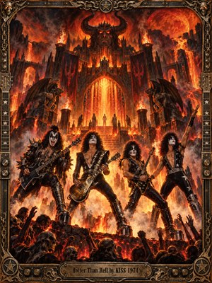 Four theatrical rock musicians command a fiery volcanic stage beneath a towering demonic fortress. Glowing lava, crimson skies, skeletal crowds, and swirling smoke create an atmosphere of rebellious intensity. Dramatic orange lighting illuminates studded costumes and guitars. Rich painterly textures complement an ornate bronze frame with gothic details.