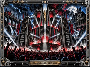 A monumental fortress of speakers towers above a roaring crowd beneath lightning-filled skies. Crimson smoke, electric blue shadows, and brilliant white spotlights create an explosive concert atmosphere. Industrial architecture, raised hands, and dramatic symmetry capture rebellious hard rock energy. Intricate metallic framing and engraved brass lettering complete the vintage screenprint artwork.