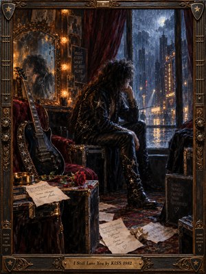 A solitary rock musician gazes through a rain-streaked window overlooking a glowing city at night. Warm amber lights contrast with cool blue shadows, illuminating a guitar, wilted rose, scattered sheet music, and cracked mirror. Rich oil-painted textures, theatrical atmosphere, and an ornate bronze frame evoke heartbreak, longing, and enduring love.