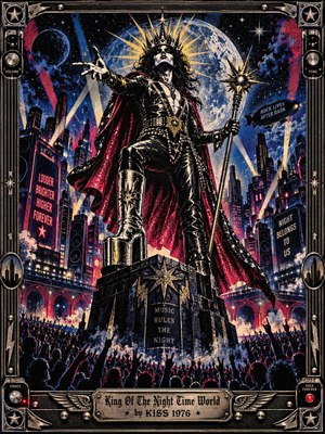 A crowned glam-rock monarch towers above a roaring nighttime crowd, draped in crimson and gleaming black leather. A giant moon, neon skyscrapers, sweeping spotlights, and golden starbursts illuminate the electric blue and magenta cityscape. Richly textured vintage screen-print styling captures rebellious triumph within an ornate metallic amplifier-inspired frame.