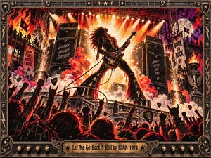 A wild-haired guitarist commands a blazing rock stage above a roaring crowd, surrounded by towering amplifiers, swirling smoke, and explosive golden spotlights. Fiery reds, oranges, and deep blacks create rebellious energy. Distressed vintage screenprint textures enhance the dramatic composition, enclosed within an ornate metallic frame featuring guitar hardware and an engraved title plate.