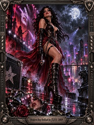 A fierce rock siren commands a rain-soaked rooftop above a neon city, wearing black leather and flowing crimson fabric. Moonlight, violet haze, and electric red reflections create seductive danger. Shattered mirrors, roses, distant musicians, and storm clouds enrich the cinematic digital artwork, enclosed within an ornate metallic guitar-inspired frame.