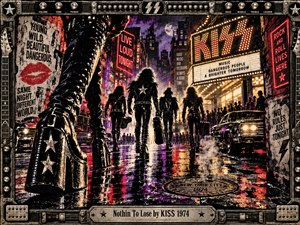 Leather-clad rockers stride down a rain-slick city street toward a blazing KISS marquee. Star-studded platform boots dominate the foreground as crimson and violet neon shimmer across puddles. Vintage cars, torn posters, and rising steam surround the silhouettes. Distressed screen-print textures and a riveted guitar-hardware frame amplify the rebellious energy.