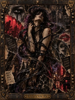 A pale, dark-haired figure emerges from swirling black ribbons in a gritty 1970s rock collage. Torn posters, crimson stage lights, guitars, shattered mirrors, and rain-soaked neon streets surround the central portrait. Deep purples, tarnished gold, and dramatic shadows create seductive menace, enclosed within an ornate, weathered metallic frame.