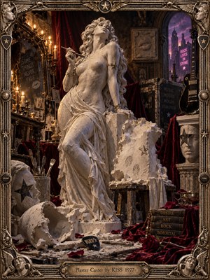 A pale plaster muse rises amid shattered molds in a candlelit rock atelier, framed by ornate bronze and guitar hardware. Crimson velvet, scattered roses, sculpting tools, and theatrical masks surround her, while a violet city glows beyond an arched window. Warm golden light and deep shadows create decadent 1970s glam-rock mystique.