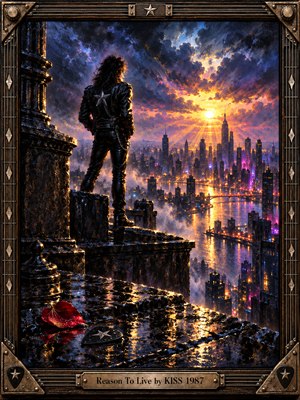 A lone leather-clad rocker stands on a rain-soaked rooftop, overlooking a glowing city beneath turbulent violet clouds. Golden sunlight breaks through the storm, illuminating bridges, mist, and shimmering reflections. Rich oil-painted textures heighten the wistful yet hopeful atmosphere, while a fallen red rose, guitar pick, and ornate metallic frame add poignant detail.