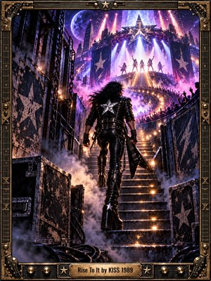 A leather-clad guitarist climbs glowing metal stairs toward a triumphant arena stage, where silhouetted performers stand beneath a radiant star. Violet smoke, blue spotlights, golden sparks, and cheering crowds fill the nocturnal industrial setting. Cinematic digital artwork blends gritty backstage textures with electric spectacle, enclosed in an ornate brass-and-steel frame.