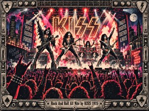 A thunderous 1970s rock concert erupts beneath blazing red and magenta spotlights as four theatrically costumed musicians command the stage. Raised hands fill the foreground, framed by a glittering nighttime skyline. Vintage screen-print textures, explosive pyrotechnics, electric lighting, and an ornate metallic guitar-inspired border capture rebellious celebration and unstoppable energy.
