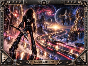 A leather-clad guitarist overlooks a luminous highway twisting through an alien cosmos as a chrome car races toward a radiant horizon. Purple nebulae, looming planets, futuristic towers, and drifting smoke create theatrical grandeur. Electric pink and golden light illuminate the richly detailed digital artwork, enclosed by an ornate guitar-inspired metallic frame.