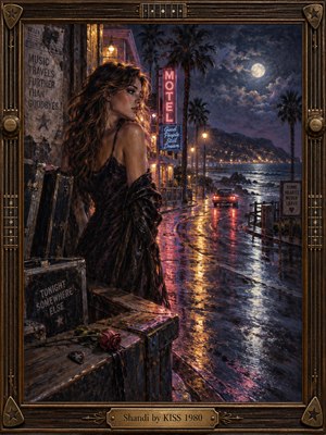 A pensive woman stands beside travel cases on a rain-glossed coastal street, watching distant taillights fade beneath a luminous moon. Pink motel neon and amber lamps ripple across blue-violet pavement, while palms and surf frame the night. Expressive oil brushwork, a wilted rose, and a guitar-inspired bronze frame evoke wistful farewell.