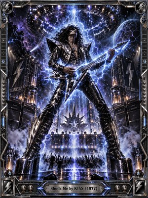 A towering glam-rock guitarist commands a cosmic concert stage, electric blue lightning coursing through his angular guitar beneath a glowing metallic halo. Violet storm clouds, towering amplifiers, drifting smoke, and cheering silhouettes heighten the explosive atmosphere. Dramatic digital realism, chrome highlights, and an ornate mechanical frame complete the spectacle.