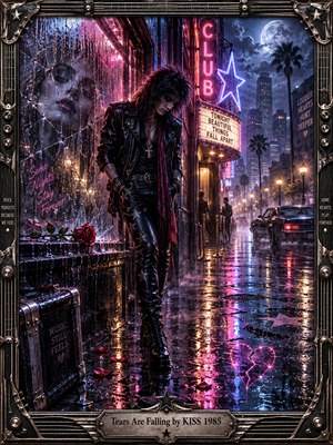 A solitary glam rocker in black leather stands beneath neon club lights on a rain-soaked city street. A womans ghostly reflection haunts cracked glass beside a fallen rose, while pink and blue reflections ripple across pavement. Moonlit towers fade into mist, framed by ornate guitar-inspired metalwork and an engraved title plate.