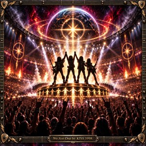 Four silhouetted rock musicians unite above a roaring arena crowd beneath a radiant cosmic planet. Golden spotlights, fiery explosions, and crimson nebulae illuminate the triumphant scene. Glowing figures encircle the stage, symbolizing solidarity. Highly detailed digital artwork captures electrifying concert energy within an ornate, guitar-inspired metallic frame.