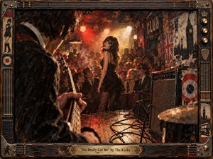 A smoky 1960s London club pulses with raw attraction as a dark-haired woman turns toward a guitarist amid a tightly packed crowd. Fiery red and amber stage lights cut through haze, reflecting on worn floorboards and amplifiers. Thick, textured brushwork and a distressed guitar-themed frame create gritty, rebellious rock-and-roll energy.