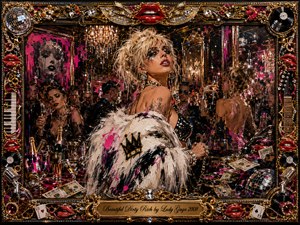 A glamorous blonde woman commands a lavish nightclub crowded with stylish revelers, champagne, scattered money, mirrors, and chandeliers. Hot pink, black, gold, and silver dominate the dramatic lighting and expressive oil-painted textures. An ornate jeweled frame features red lips, records, microphones, piano keys, playing cards, and a gilded title plate.