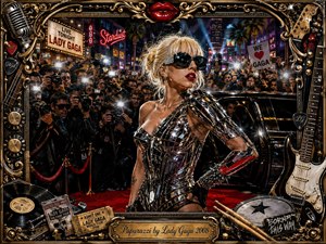 A glamorous platinum-blonde pop star poses beside a black limousine on a crowded red carpet as paparazzi cameras explode with white flashes. Chrome clothing, vivid red lips, neon signs, and gold details create a seductive, high-energy mood. An ornate music-themed frame surrounds the dramatic, hyperreal pop-art composition.