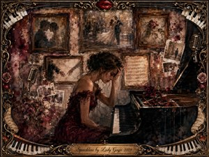 A sorrowful woman in a deep burgundy gown sits at a grand piano, surrounded by faded photographs, roses, sheet music, and shadowy memories. Warm sepia, crimson, black, and antique gold dominate the nostalgic collage. Soft candlelike lighting and layered painterly textures evoke heartbreak, longing, silence, and cherished love slipping into memory.