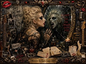 A platinum-haired woman confronts her snarling monster reflection in a shattered mirror, surrounded by dark gothic rock memorabilia. Black lace, crimson lips, tarnished gold, skulls, guitars, records, microphones, candles, and handwritten notes create a seductive, menacing mood. Dramatic low lighting and richly layered mixed-media textures give the scene theatrical intensity.
