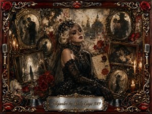 A glamorous woman in black lace sits amid a haunting collage of faded romantic memories, ornate portraits, roses, candles, and handwritten letters. Deep crimson, sepia, black, and antique gold create a dramatic Gothic mood, illuminated by warm candlelight. Rich mixed-media textures and an elaborate rosewood frame evoke passion, loss, nostalgia, and theatrical elegance.