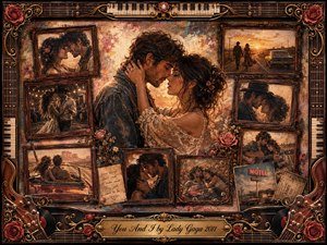 A passionate couple embraces at the heart of a nostalgic romantic collage, surrounded by rosewood-framed memories of dancing, road trips, guitars, and quiet affection. Warm amber, sepia, rust, and rose tones glow beneath soft sunset lighting. Painterly textures, ornate musical borders, roses, vinyl records, and gilded details create a tender vintage atmosphere.