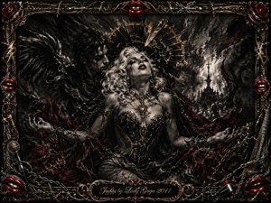 A dramatic gothic portrait centers a glamorous woman in black beneath a shattered golden halo, flanked by a shadowy winged figure and distant cathedral ruins. Deep charcoal blacks, crimson roses, metallic gold, chains, and glowing red lips create a dangerous, seductive mood. Painterly textures, smoky lighting, and an ornate rock-inspired frame intensify the theatrical symbolism.