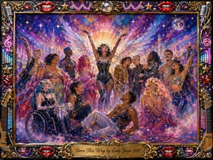 A radiant acrylic-style celebration shows a diverse group dancing, embracing, and posing proudly beneath a glowing winged central figure. Vivid magenta, violet, blue, and gold light fills the dreamlike stage with confetti, stars, and mist. An ornate chrome-and-gold musical frame features red lips, microphones, guitars, disco balls, and neon accents.
