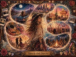 A free-spirited woman stands at the center of a glowing bohemian dreamscape, surrounded by sweeping memory scenes of highways, city lights, desert motels, festivals, music, and campfires. Warm amber, rose, turquoise, and midnight blue tones blend through painterly textures, luminous feathered curves, and an ornate rose-and-chrome musical frame.