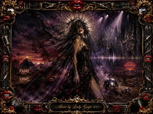 A mysterious masked woman stands in a surreal desert-stage landscape, wrapped in flowing black fabric beneath a radiant halo. Deep purples, crimson, gold, and chrome glow under dramatic spotlights and smoky twilight. Rich oil-paint textures, mirrored faces, neon lips, metallic spheres, and an ornate musical frame create a seductive, theatrical atmosphere.