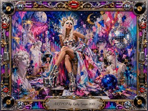A glamorous futuristic figure sits amid a surreal pop-art dreamscape of classical statues, mirrored spheres, neon splashes, records, and cosmic imagery. Vivid pink, blue, gold, and violet tones glow under theatrical lighting. Painterly textures, dripping pigments, reflective surfaces, and an ornate musical frame create an extravagant, rebellious, celebratory atmosphere.
