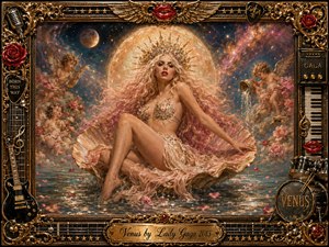 A glamorous celestial goddess reclines on a pearlescent shell beneath a glowing planet, surrounded by cherubs, roses, stars, and shimmering water. Warm gold, blush pink, deep blue, and fiery nebula tones create a theatrical mood. Ornate baroque framing, musical instruments, jeweled details, and dramatic illumination give the scene lavish fantasy grandeur.