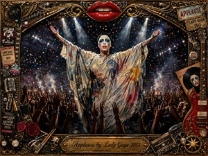 A theatrical performer stands center stage with arms raised above a roaring crowd, surrounded by confetti, smoke, and brilliant white spotlights. Her painted face, vivid red lips, and flowing multicolored costume create dramatic energy. An ornate gold rock-and-roll frame, filled with guitars, records, tickets, roses, and memorabilia, enhances the celebratory spectacle.