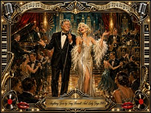 An elegant jazz duo commands a glamorous Art Deco nightclub, surrounded by dancing couples, piano, saxophones, drums, and glowing city lights. Warm gold, black, cream, and deep red tones create a festive vintage mood. Rich painterly textures, theatrical lighting, ornate metallic framing, vinyl records, microphones, and red lips complete the sophisticated composition.