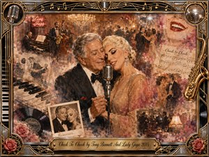 A glamorous jazz duet unfolds in a warm, chandelier-lit ballroom, with Tony Bennett and Lady Gaga leaning affectionately beside a vintage microphone. Golden browns, blush pinks, cream, and burgundy enrich the nostalgic oil-and-watercolor collage, surrounded by dancers, piano keys, saxophone, records, sheet music, roses, photographs, and an ornate Art Deco frame.
