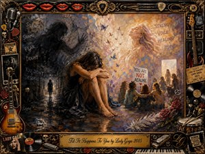 A distressed woman sits in shadow while warm golden light opens toward healing, hope, and supportive figures. Dark charcoal tones contrast with amber, rose, and cream highlights. An ornate music-themed frame surrounds the expressive oil-painted scene, filled with guitars, records, microphones, roses, and a central engraved title plate.