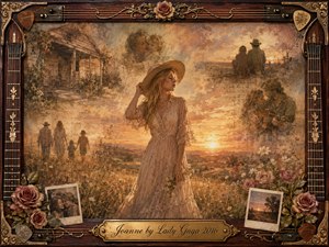 A wistful woman in a flowing vintage dress stands beneath a glowing country sunset, surrounded by softly fading scenes of family, love, and remembrance. Warm gold, sepia, rose, and amber tones create nostalgic tenderness. Painterly textures blend oil and watercolor effects, framed by dark rosewood, guitar strings, roses, and ornate brass details.