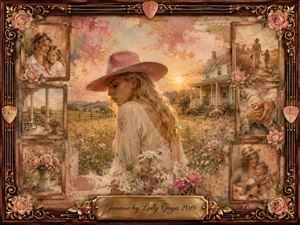 A reflective woman in a soft pink hat stands among wildflowers at sunset, surrounded by faded family memories in vintage frames. Warm rose, cream, gold, and sepia tones create a tender, nostalgic mood. Painterly textures, a farmhouse landscape, roses, guitar-string details, and ornate wood framing evoke love, remembrance, and quiet longing.