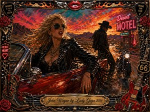 A rebellious woman in studded black leather leans from a red convertible on a desert highway at fiery sunset, while a shadowy cowboy and motorcycle suggest danger and restless romance. Rich reds, oranges, black, chrome, neon, roses, guitars, and chains create a dramatic rock-and-roll oil-painted scene framed with ornate metallic details.