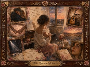 A contemplative woman sits beside a piano at dusk, clutching a handwritten letter while faded memories surround her in vintage rosewood frames. Warm amber, dusty rose, cream, and muted blue tones glow softly across the nostalgic mixed-media painting. Roses, sheet music, guitars, stage imagery, and golden musical details deepen the tender, bittersweet mood.
