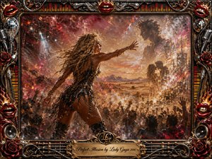 A commanding female performer reaches toward a fading male figure above an electrified concert crowd, suggesting desire, deception, and emotional distance. Fiery reds, smoky golds, black, and chrome glow under dramatic stage lighting. Thick painterly textures, shattered reflections, roses, microphones, speakers, and musical hardware fill the ornate frame with intense theatrical energy.
