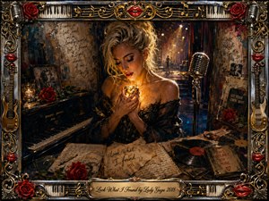 A tender singer stands in a shadowy backstage room, cradling a glowing golden heart beside a piano, vintage microphone, scattered lyrics, roses, and vinyl records. Warm amber light contrasts with smoky blues and crimson accents, creating a hopeful, intimate mood. Painterly textures and an ornate music-themed frame complete the nostalgic composition.