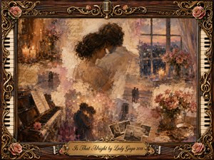 A tender couple embraces at the heart of a nostalgic romantic collage, surrounded by roses, candlelight, handwritten notes, faded photographs, and a piano. Warm amber, blush, cream, and dusky blue tones create an intimate glow, while textured painterly brushwork and ornate rosewood-and-gold musical framing evoke cherished memories and enduring devotion.