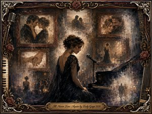 A sorrowful woman in a flowing black gown sits beside a grand piano and microphone, surrounded by rosewood-framed memories of love and performance. Warm sepia, charcoal, dusty rose, and gold tones glow through smoky light. Painterly textures, fading figures, roses, piano keys, strings, and ornate metallic details deepen the nostalgic heartbreak.