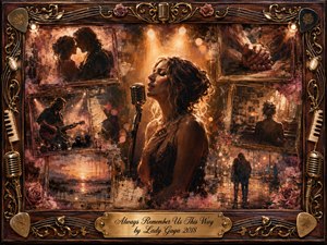 A soulful singer stands beneath warm amber stage lights, surrounded by faded romantic memories in a nostalgic rosewood collage. Sepia browns, glowing golds, soft pinks, and shadowy blacks create tender melancholy. Painterly textures blend oil, acrylic, and watercolor, while roses, guitar strings, microphones, and an engraved title plate frame the scene.