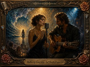 A soulful singer and guitarist share an intimate stage beneath warm amber spotlights and cool blue haze. Expressive oil-paint textures blend the performance with a luminous ocean vision, suggesting vulnerability and emotional depth. An ornate musical frame of roses, strings, picks, and gold details surrounds the tender, cinematic composition.