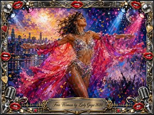 A radiant woman dances freely above a glowing city skyline, arms outstretched beneath sweeping pink fabric and sparkling stage lights. Vivid magenta, violet, gold, and electric blue create an exuberant, liberated mood. Expressive painterly textures, confetti, disco balls, microphones, red lips, and an ornate metallic frame amplify the celebratory glamour.
