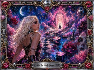 A platinum-haired woman gazes toward a glowing portal across a surreal checkerboard path, surrounded by roses, floating keys, stars, and dreamlike clouds. Electric pink, violet, blue, and silver lighting creates a glamorous, searching mood. Rich painted textures and an ornate musical frame blend fantasy, romance, mystery, and futuristic theatrical energy.