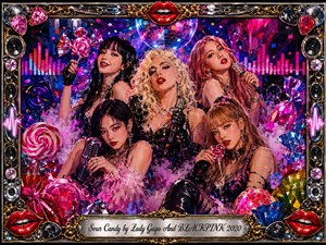 Five glamorous pop muses pose amid a neon candy-club fantasy filled with lollipops, microphones, disco reflections, speakers, fog, and confetti. Saturated pink, red, violet, blue, chrome, and gold create a playful yet seductive mood. Acrylic-style textures, dramatic lighting, ornate musical framing, and the engraved title plate complete the energetic composition.